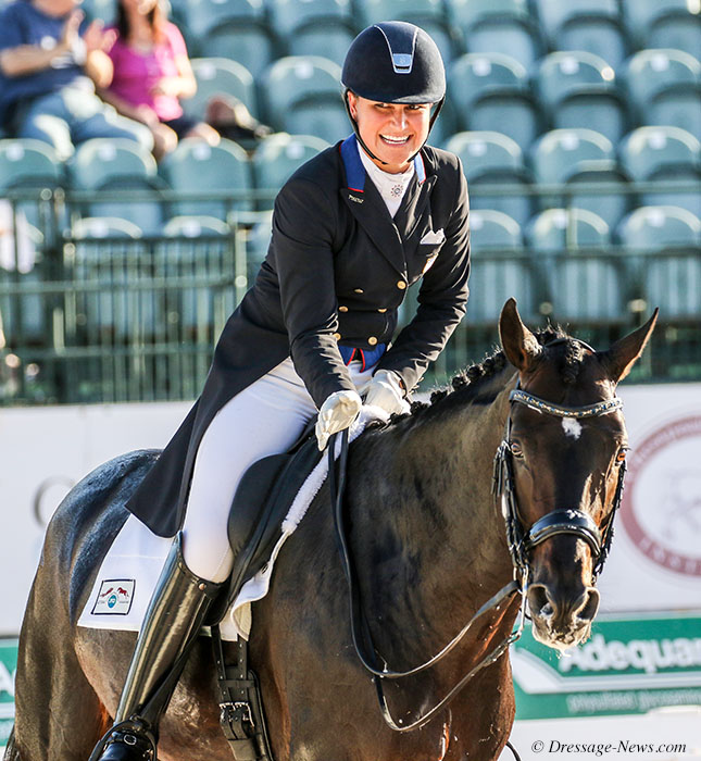 Adrienne Lyle and Salvino after completing the Grand Prix Special that clinched the Nations Cup for the United States. © 2018 Ken Braddick, Dressage-news